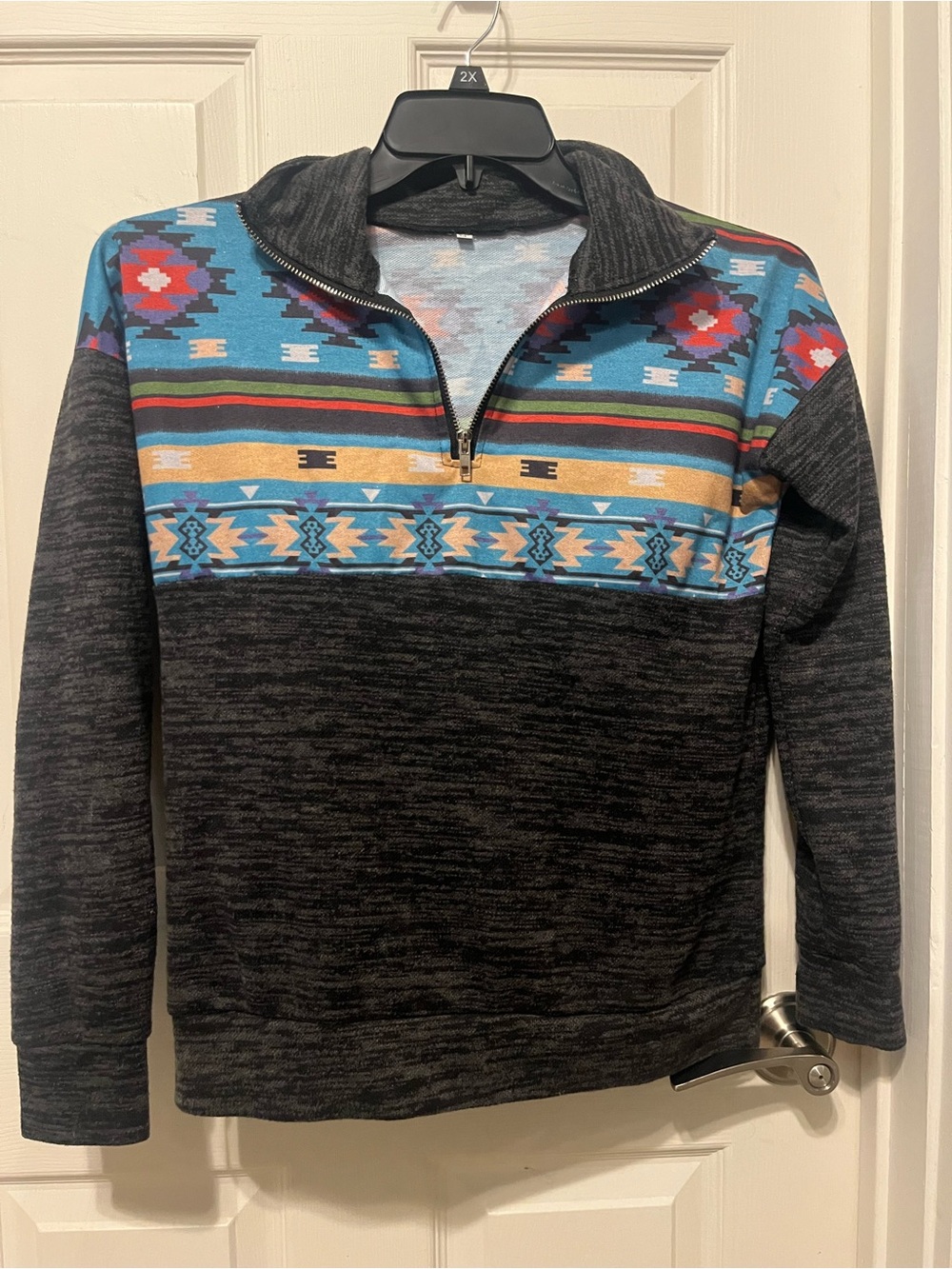 Men's Charcoal Quarter-Zip Sweater with Aztec Stripe